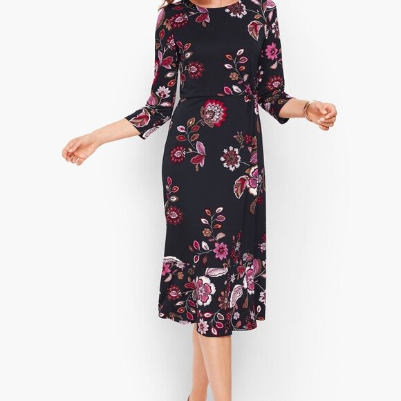Talbots black dress with floral print, 14P, midi, ruched waist, stretchy - Picture 6 of 6